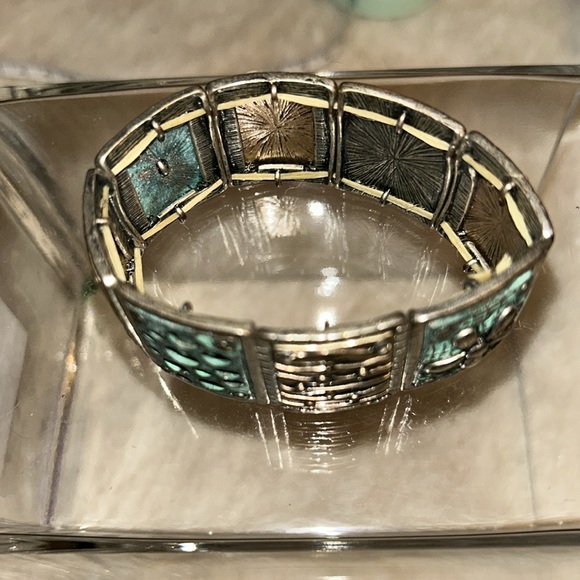 Metal stretchy bracelet. Silver tone, antique brass tones. Variety of designs - Picture 2 of 3